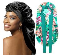 2Pcs Bonnets for Black Women Braid Protection - Large Long Satin Silk Bonnet for Braids with Stretchy Tie Band Sleep Cap Hair (Black & Flower)