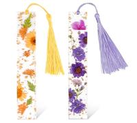 2Pcs Bookmarks for Women with Tassels, Epoxy Resin Dried Real Flower Book Mark with Gold Sprinkles, Transparent Reading Bookmark for Girls, Gift for Readers, Friends, Bookworm (Orange and Purple)
