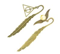 2PCS Bookmarks,Metal Feather Bookmark,Vintage Book Page Markers, Magic Feather Bookmarks, Bookmark with Hanging Golden Snitch Book Charm, Bookmark Gift for Readers and Book Lovers