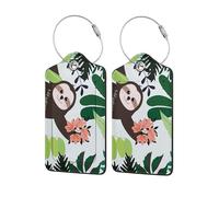2Pcs Botanical Tropical Leave and Sloth Luggage Tags Privacy Cover ID Label with Stainless Steel Loop and Address Card, Funny Baggage Tag for Men Women Travel Bag Suitcase