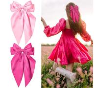 2PCS Bow Hair Clip, Bow Clip Hair Bows for Women Big Bowknot Hairpin French Hair Clips with Long Ribbon Soft Satin Silky Hair Bows for Women Girls(Rose red + light pink)