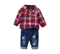 2Pcs Boys Clothes Plaid Long Sleeve Button Down Shirt Tops and Jeans Pants Set Winter Boy Clothes for Fall Winter Spring Outfits (Red, 3-6 Months)