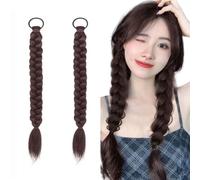 2Pcs Braided Ponytail Extension with Hair Ties Synthetic Hairpiece Straight Wrap Around Ponytail Braided Hair Extensions for Women Girls Daily Wear(Dark Brown)
