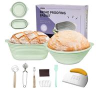 2Pcs Bread Proofing Basket Sourdough Proving Basket Starter Kit 9" Round & 10" Oval Silicone Foldable Bread Basket Bread Making Tools with Dough Whisk/Cutter/Scraper/Basting Brush,Green