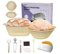 2Pcs Bread Proofing Basket Sourdough Proving Basket Starter Kit 9" Round & 10" Oval Silicone Foldable Bread Basket Bread Making Tools with Dough Whisk/Cutter/Scraper/Basting Brush,Yellow