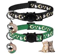 2PCS Breakaway Cat Collars with Bell Cute Kitty Glow in The Dark Adjustable Kitten Collars(Deep Green&Black)