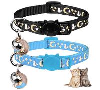 2PCS Breakaway Cat Collars with Bell Cute Kitty Glow in The Dark Adjustable Kitten Collars with Pendant(Black&Sky Blue)