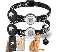 2PCS Breakaway Cat Collars with Bell Cute Star &Moon Safe Kitten Collars with Pendant Glow in The Dark,Airtag Holder Cat Collar with Smart ID tag & QR Code Reflective for GPS Boy Girl Cats(Black)