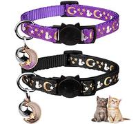 2PCS Breakaway Cat Collars with Bell Moons Stars Cute Kitty Adjustable Safe Kitten Collars with Pendant Glow in The Dark(Black&Purple)