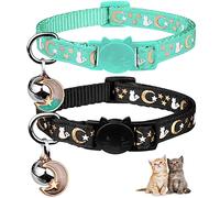 2PCS Breakaway Cat Collars with Bell Moons Stars Cute Kitty Adjustable Safe Kitten Collars with Pendant Glow in The Dark(Black&Teal)