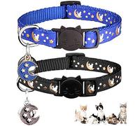 2Pcs Breakaway Cats Collars Cat Collars for Boy Cats Moons Adjustable Kitten Collars with Bell & Pendant Glow in The Dark,Black+Blue