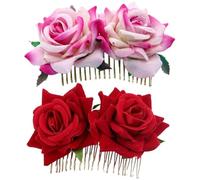 2pcs Bridal Rose Flower Hair Comb for Bride Elegant Cloth Metal | Double Rose Design, Lightweight and Decorative, Practical for Proms and Night, Burgundy Finish