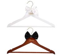 2pcs Bride and Groom Wedding Hangers, Wooden Elegant Bridal Dress Hanger with Bow & Bow Tie Wedding Dress Accessory for Bridal Party & Shower Supplies