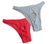 2PCS Briefs Underwear for men Sexy Hot Front Open Underpants Thong Briefs G-String Mankini Secret Gift for Valentine Birthday Christmas 2 Piece White+Red