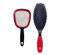 2PCS Brush & Mirror Set - Detangling Hair Brush with Compact Travel Mirror | Portable, Lightweight, Perfect for Wet & Dry Hair | Kids & Adults | Smooth, Tangle-Free, On-the-Go Haircare Kit (Red)