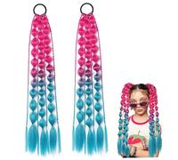 2Pcs Bubble Ponytail Extension 22in Long Braided Ponytail Extension with Elastic Hair Band Lightweight Natural Gradient Rave Hair, Red and Blue Extensions for Braids, Braids Extensions