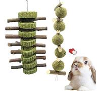 2PCS Bunny Chew Toys, Apple Wood Sticks Natural Grass Cake and Grass Ball Rabbit Hamster Chew Toys, Teeth Grinding Toy for Bunny Hamster Parrot Chinchillas Guinea Pig Gerbils Rats Chewing Playing