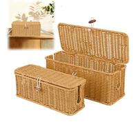 2Pcs Cable Management Box, Handmade Rattan Cable Tidy Box with Locked Cover, Desk Cable Management Solution with Lid 2 Open Slots, Cord Organizer Box to Hide Power Strips & Cords