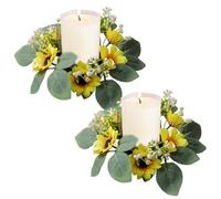 2Pcs Candle Ring, 10" Yellow Sunflower Candle Rings with Green Leaves & White Berry, Artificial Realistic Silk & PE Dining Table Decor Ring