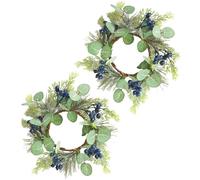 2Pcs Candle Rings Artificial Eucalyptus Leaves with Blue Berry Norfolk Pine Wreath Small Boho Wreath Pillar Candle Holder for Spring Summer Wedding Home Door Tabletop Decoration (Blue)