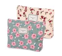 2PCS Canvas Cosmetic Bag, Cherry Blossom Pattern Makeup Bag Cosmetic Storage Rose Flower Printing Corduroy Toiletry Bag WashBag Small Pouch Beauty Bag Travel with Zipper for Women Girls