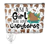 2Pcs Capybara Gift with Makeup Bag & Keyring, Adorable Canvas Cosmetic Bag with Zip, Portable Zipper Pouch for Travel, Animal Lover Gift for Capybara Lovers, Girls, Women, Birthday, Christmas