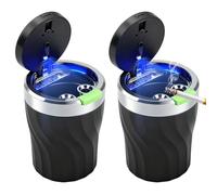 2PCS Car Ashtray with Luminous Opening Button, Portable Ashtray with Lid Smell Proof, Automatic LED Light, Sealed, Flame Retardant, High Temperature Resistant, Detachable, Large Capacity