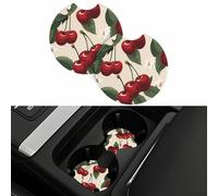2PCS Car Coaster for Cup Holders Universal Auto Cup Mat Red Cherry Pattern Cup Coaster Pad 2.7" Waterproof Neoprene Non-Slip Cup Holder Coasters Car Interior Accessories for Women Men