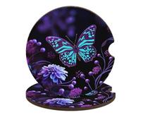 2PCS Car Coasters Purple Butterfly and Flowers Car Cup Coaster Universal Automotive Waterproof Non-Slip Cups Holders Sift-Proof Spill Holder with Cork Base Cars Interior Accessories