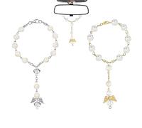 2PCS Car Pendant Rosary Beads, Angel Wings Rose Rearview Mirror Hanging Ornament, Auto Interior Home Decoration Accessories, Catholic Pearls Baptism Rosary Bracelet, Car Interior Hanging Decors
