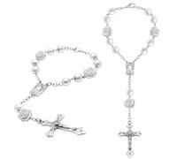 2PCs Car Rosary Beads Cross for Mirror Hanging,Rosary Catholic Charms Car Decorations,Cross Rear View Mirror Pendant,Steering Wheel Rosary,Cars Hanging Accessories Interior for Men & Women (White)