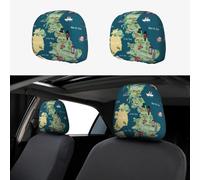 2pcs Car Seat Headrest Cover Cartoon United Kingdom Map Breathable Universal Stretch Elastic Car Head Rest Cover Protector 26 X 28 Cm/10.2 X 11 Inches