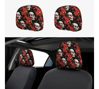 2pcs Car Seat Headrest Cover Skulls Roses Breathable Universal Stretch Elastic Car Head Rest Cover Protector 26 X 28 Cm/10.2 X 11 Inches