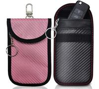 2PCS Carbon Fibre Car Key Signal Blocker Pouch, RFID Key Pouch with Keyrings, Signal Blocking Box for Car Keys, Anti-Theft Keyless Case, Black & Pink