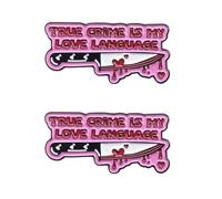 2Pcs Cartoon Pink Dagger TRUE CRIME IS MY LOVE LANGUAGE Enamel Pins Letter Lapel Pins Bag Clothes Badges Brooches Creative English Phrase Brooch Metal Individual Sex Pin For Clothing Accessories