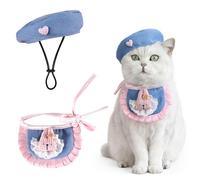 2PCS Cat Beret Cowboy Hat, Adjustable Rabbit Lace Bandana Scarf Set Pet Princess Costume for Halloween Christmas, Cat Dog Birthday Party Apparel