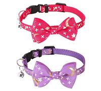 2PCS Cat Collars Quick Release Buckle Adjustable Cat Collar Breakaway Moon and Stars Kitten Collar Small Pet Collar Cat Id Collars Kitten Safety Collar with Bell and Detachable Bow Tie Collar for Cats