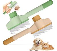 2Pcs Cat Comb with Release Button, Long & Short Stainless Steel Metal Teeth Flea Combs, Pet Hair Removal Brushes for Cats Dogs Grooming, Self Cleaning Slicker for Pets Shedding & Tangles(Green+Yellow)