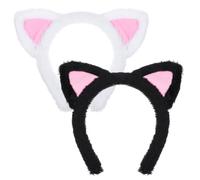 2PCS Cat Ears Headband, Black & White Cute Soft Washing Face Kitten Makeup Headband, Pink Inner Ears Plush Fuzzy Hairband Accessories for Mask Skincare Spa Yoga Adults Kids Halloween Parties Cosplay