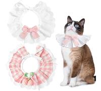 2PCS Cat Lace Bib,Pink Knitted Pet Bib with Bow,Adjustable Sweet Cat Dog Ruffle Collar,M