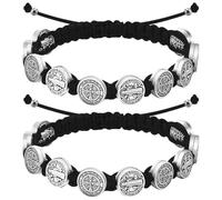 2Pcs Catholic Medalla de San Benito Rosary Bracelet Adjustable Black String St Benedict Bracelets for Easter Party Favor Prayer Blessing Protection Men Women