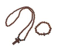 2pcs Catholic Rosary Beads Wooden Bead Necklace with Cross Pendant