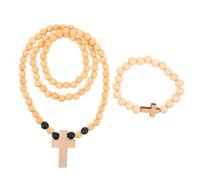 2pcs Catholic Wood Rosary Necklace with Cross for Women, Beige Beads
