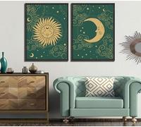 2pcs Celestial Sun and Moon Wall Art Astrology Posters Prints Pictures Gold and Green Canvas Paintings Tarot Cards Bohemian Wall Decor Living Room Bedroom Decor Unframed