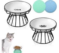 2PCS Ceramic Cat Bowls with Stand, Elevated Cat Food Bowl, Shallow Plate Whisker Fatigue Cats Dishes for Pets, Cats and Puppies Wet Dry Food and Water