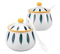 2pcs Ceramic Sugar Bowl with Lid and Spoon 350ml Decorative Ceramic Spice Jars Condiment Pots for Kitchen Seasoning Sugar Salt Pepper