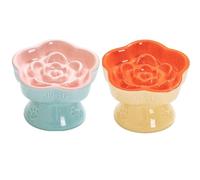 2pcs CERAMICS Raised Slow Feeder Cat Bowl, Ceramic Elevated and Titled Glass Food Bowl Small Dogs Slow Feeder, Flower Shaped Cute Cat Dish for Dry and Wet Food (Pink&Orange)