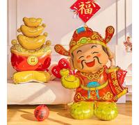 2PCS Chinese New Year Decorations 2026 - God of Wealth & Huge Gold Ingot Standing Foil Balloons, Traditional 3D Lunar New Year Character Set, Prosperity Decor for Home Office
