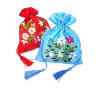2PCS Chinese Style Brocade Faux Silk Drawstring Gift Bags Vintage Ethnic Style Embroidered Bags Jewelry Pouches, 18x22cm/7.1x8.7inch