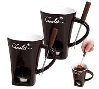 2Pcs Chocolate Fondue Cup with Fork Ceramic Chocolate Fondue Mug with Handle, Tealight Cave & Hole for Fork Holding, Tealight Not Included Mug